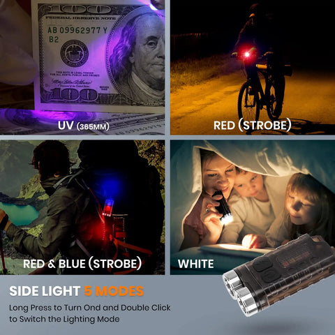 Rechargeable Keychain EDC Flashlight, 900 Lumens Tiny Yet Mighty Pocket Rocket Mini LED Light demonstrating 5 modes including UV and strobe