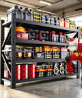 6000 Lbs Heavy Duty Metal Garage Shelving Unit 4 Tier Adjustable Storage Racks with tools and equipment organized.