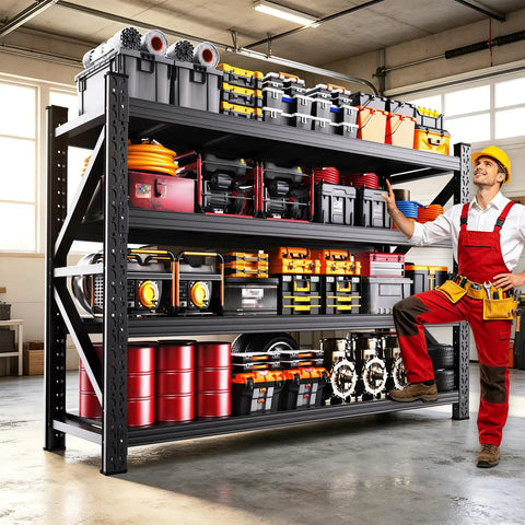 6000 Lbs Heavy Duty Metal Garage Shelving Unit 4 Tier Adjustable Storage Racks with tools and equipment organized.