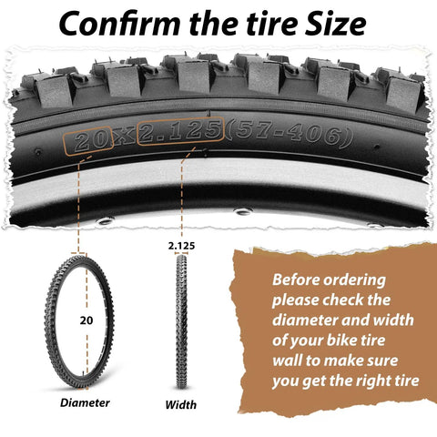 Close-up of 20x2.125 Inch Mountain Bike Tire Set 2 Pack Folding Tires with detailed size illustration and warning text