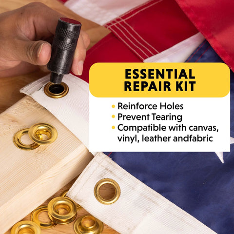 Professional Grommet Kit For Three Eighths To One Half Inch Brass Grommets For Tarp Repair And Canvas Reinforcement being demonstrated