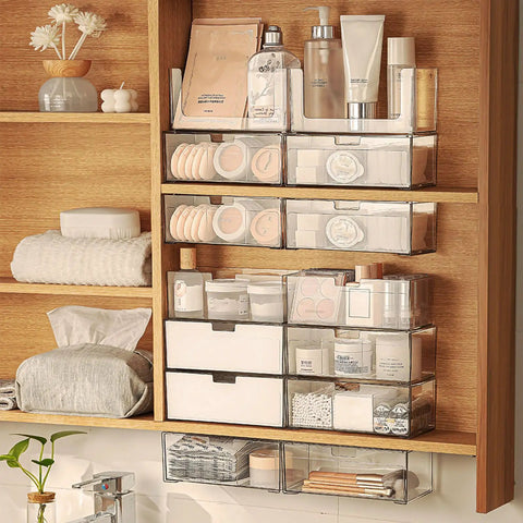 Two Tier Drawer Organizer For Medicine Cabinet Stackable Clear Storage Drawers with toiletries and cosmetics on shelf.
