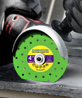 4 1/2 Inch Tile Cutter Diamond Saw Blade for Angle Grinder, in use cutting tile, set of 3, green and yellow blade shown
