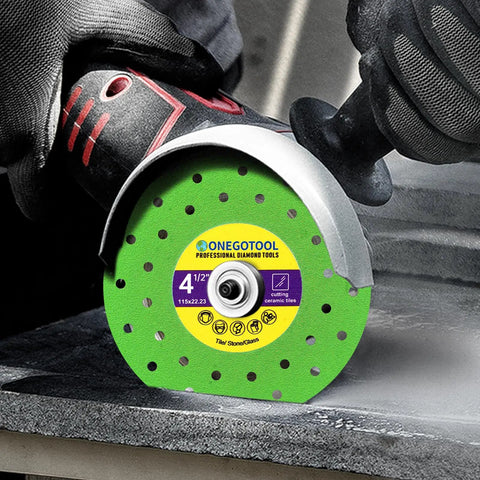 4 1/2 Inch Tile Cutter Diamond Saw Blade for Angle Grinder, in use cutting tile, set of 3, green and yellow blade shown