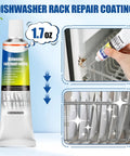 Dishwasher Rack Repair Kit With 1.7oz Grey Waterproof Coating And 100 Tine Prong End Caps, restoration process shown
