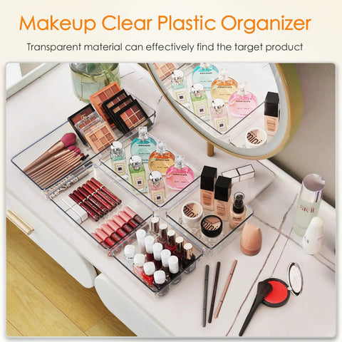 10 Piece Clear Drawer Organizer Set With Three Sized Trays Solid Bathroom Vanity Or Kitchen Storage Heavy Duty Plastic Bins on vanity.