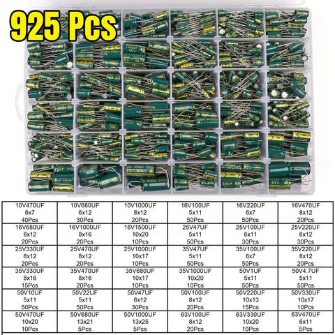 Dope 925Pcs Electrolytic Capacitors Kit With 36 Values In A Clear Plastic Case showing compartmentalized aluminum caps.