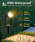 Low Voltage Outdoor Landscape Lighting 4 Pack IP65 Waterproof Path Lights in garden setting, highlighting rain and frost resistance.