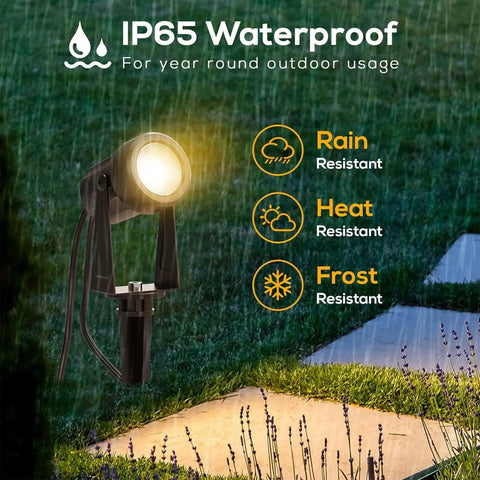 Low Voltage Outdoor Landscape Lighting 4 Pack IP65 Waterproof Path Lights in garden setting, highlighting rain and frost resistance.