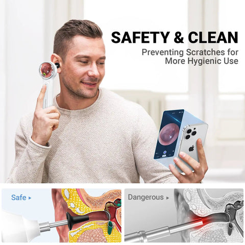 Wireless Digital Otoscope With Built In Screen And Lights For Easy At Home Ear Health Exams, Real Time Viewing, Portable Self Care Tool For Clear Ear Canal Inspections And Quick Self Diagnosis on man using it with phone preview