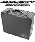 17 Inch Locking Storage Box With Two Layer Customizable Foam Hard Shell Aluminum Frame Lock Box For Dorm Room Personal Items Tools And Electronics Secure With Two Keys with closed black case showing durable frame