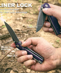 Trailpaw Folding Pocket Knife With 3.01 Inch D2 Blade And Purple G10 Handle One Hand Open EDC Built For Dog Walks And Light Outdoor Tasks Compact Everyday Carry Knife For Daily Adventures, open liner lock close-up