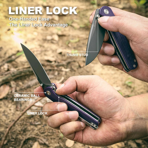 Trailpaw Folding Pocket Knife With 3.01 Inch D2 Blade And Purple G10 Handle One Hand Open EDC Built For Dog Walks And Light Outdoor Tasks Compact Everyday Carry Knife For Daily Adventures, open liner lock close-up