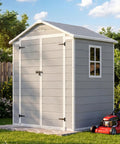 6x4 Ft Resin Outdoor Storage Shed With Floor Lockable Door Weatherproof Plastic Shed for patio in garden setting, light gray
