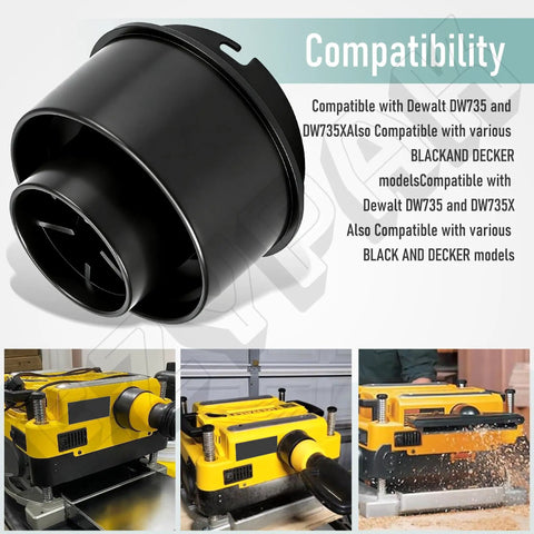 Durable Planer Vacuum Adaptor Replacement For DW735 DW735X Thickness Planers, black ABS material, installed view