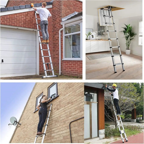 14.5Ft Aluminum Telescoping Ladder Collapsible And Retractable Extension And For Home And Outdoor Projects, Lightweight Portable Build With 330 Lbs Capacity, Grab And Go Easy Carry Handle, Anti Slip Rungs, Durable Safety Design used for roof and window work