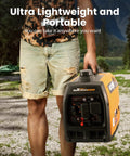 Person carrying 3500 Watt Gas Powered Inverter Generator With 3000 Watt Run Ultra Portable 47lb Backup Power For Home Camping RV Or Trailer EPA Compliant Quiet Reliable Power On The Go in outdoor setting