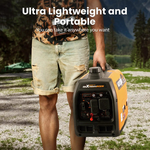 Person carrying 3500 Watt Gas Powered Inverter Generator With 3000 Watt Run Ultra Portable 47lb Backup Power For Home Camping RV Or Trailer EPA Compliant Quiet Reliable Power On The Go in outdoor setting