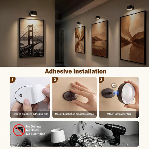 Battery Operated Wall Sconce 2 Pack, Rechargeable Wall Lights for Bedroom showing adhesive installation steps on a wall.