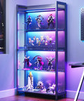 Four Tier Tempered Glass Display Cabinet With RGB Led Lighting And Music Sync For Flexing Sneakers Figurines And Dope Collectibles In Any Game Night Vibes Setup showcasing collectibles illuminated in dynamic colors.