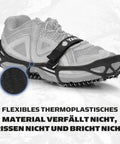Battle Ready Ice Traction Cleats For Walking Running And Hiking Stainless Steel Spring Coils on a shoe with thermoplastic rubber, black.