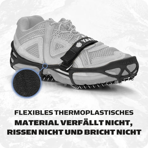 Battle Ready Ice Traction Cleats For Walking Running And Hiking Stainless Steel Spring Coils on a shoe with thermoplastic rubber, black.