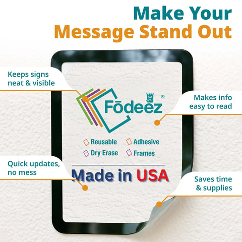 8.5 By 11 Inch Peel And Stick Adhesive Wall Frame in use, highlighting features like dry erase, reusable, and American made