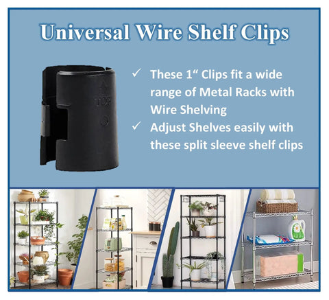 1 Inch Post Wire Shelf Clips Set for Metal Shelving Locks and Split Sleeves, easy installation, fits home and garage shelving.