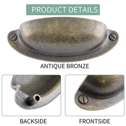 Hella Sleek Vintage Cabinet Cup Pulls Six Pack With 3.5 Inch Hole Centers Antique Bronze Zinc Alloy Hardware Handles For Top Shelf Kitchen Cabinet Drawers Premium Upgrade - Antique bronze cup pull showing front and backside.
