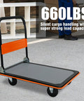 Heavy Duty Flatbed Cart And Hand Truck With 660 Lb Capacity Folding Design For Easy Storage shown with gray deck and orange handle
