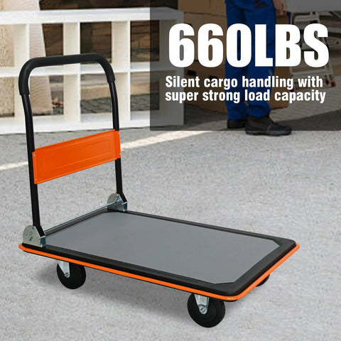 Heavy Duty Flatbed Cart And Hand Truck With 660 Lb Capacity Folding Design For Easy Storage shown with gray deck and orange handle