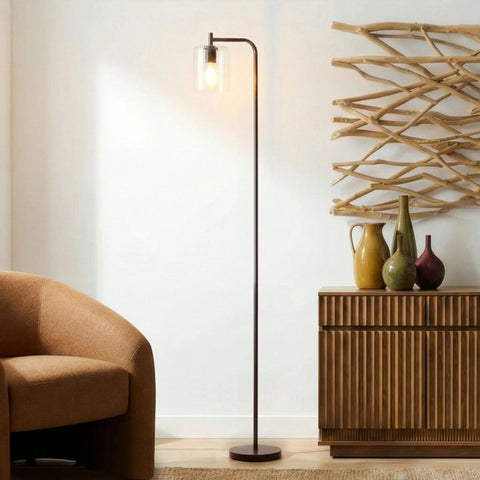 Tall Edison Bulb Floor Lamp With Glass Shade In Bronze Finish, Industrial Vintage Farmhouse Style Standing Light For Living Room