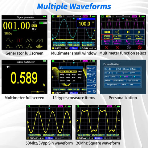 Handheld Digital Oscilloscope Kit With 2 Channel Input, 120MHz Bandwidth, showing multimeter and waveform options