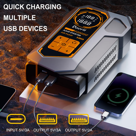 Ultimate 10 In 1 Car Jump Starter With Air Compressor 6000A Portable Power Bank And 150 PSI Tire Inflator showing USB ports charging