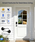 Slick Fingerprint Smart Lock With Premium Matte Black Double Lever Handle Set on a residential door with smart features.