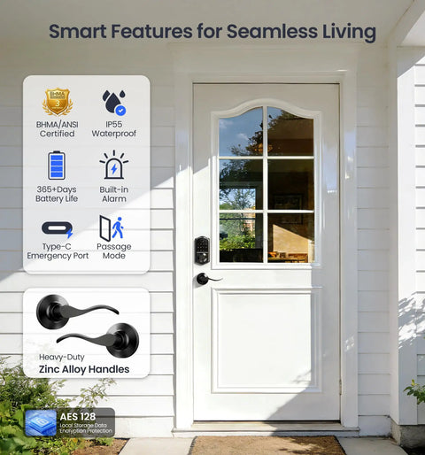 Slick Fingerprint Smart Lock With Premium Matte Black Double Lever Handle Set on a residential door with smart features.