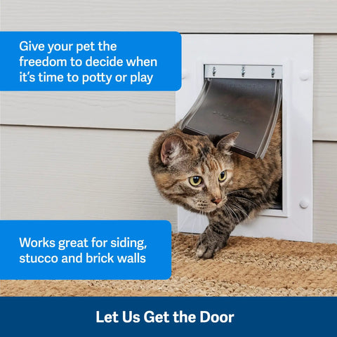 Built Damn Tough Large Dog Wall Door With Adjustable Telescoping Frame For Canines Up To One Hundred Pounds Heavy Duty Rust Free Plastic Mounts Snug In Any Wall Cutout with a cat using the flap.