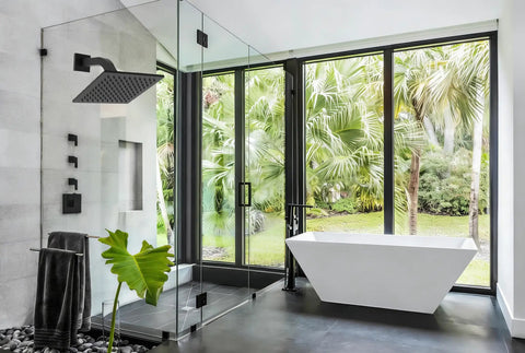 Easy Install Square Shower Arm And O Ring Flange 6 Inch Solid Brass Matte Black Wall Mount Extension in modern bathroom
