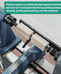 Pen Mandrel Bundle For Woodturning Lathe With Mandrel Saver, 2MT Taper in use on lathe with wood blanks and bushings