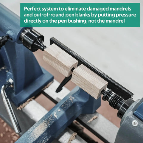 Pen Mandrel Bundle For Woodturning Lathe With Mandrel Saver, 2MT Taper in use on lathe with wood blanks and bushings