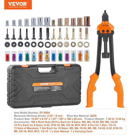 Straight Up 16 Inch Rivet Nut Tool Kit With 186 Rivnuts And 13 Sae Mandrels Quick Release Knuckle Puller for metal fabrication.