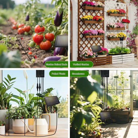 Solar Powered Drip Irrigation Kit With 12 Auto Timer Modes in garden, raised beds, vertical garden, and greenhouse setups