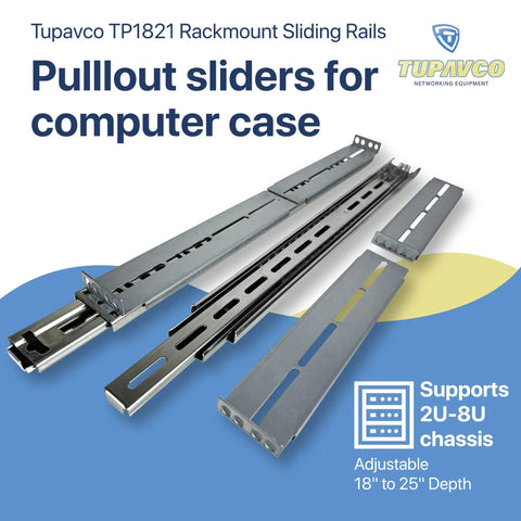 Rackmount Sliding Rails Kit For 2U To 8U Server Chassis, adjustable depth 18 to 25 inches, shown with mount sliders.
