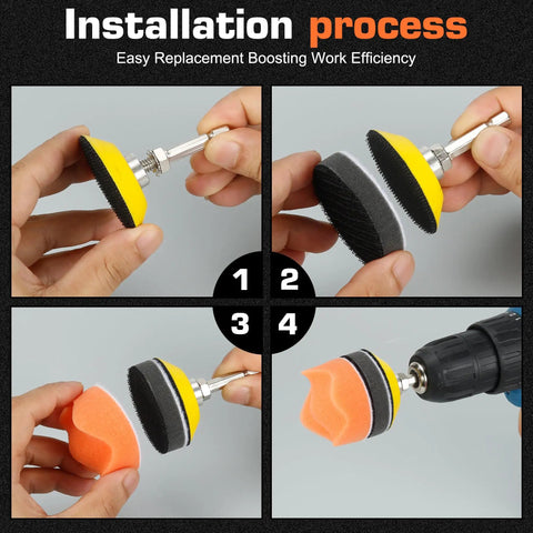 Installation process of 189pcs 2 Inch Sanding Discs Kit for Drill Polishing with Hook and Loop Discs and backer plate.