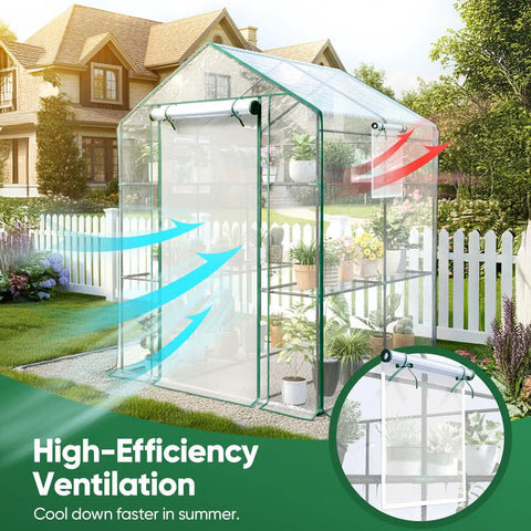 Walk In Greenhouse With Clear Plastic Cover 56x56x77 Inch Portable 3 Tier 4 Shelf Garden Kit For Winter Seed Starting And Plant Protection On Your Backyard Patio