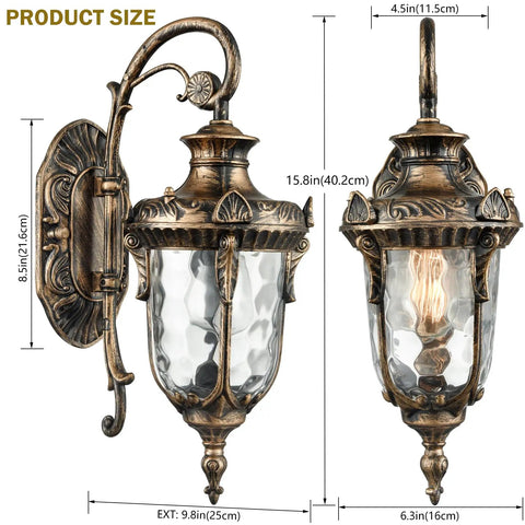 Vintage bronze outdoor wall light with hammered glass shade, size 15.8 in tall, side and front view, elegant design.