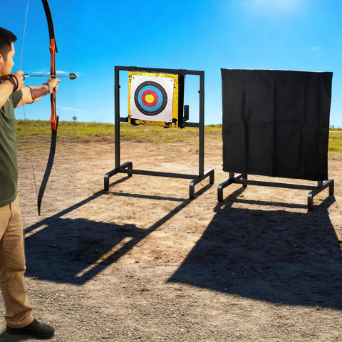 Heavy Duty Archery Target Stand Cover For Bow And Arrow Thick Protective Shield For Indoor Outdoor Practice Weatherproof Nylon Protector Fits 47.2 Inch High By 35.4 Inch Wide Stands Easy Setup shown in use outdoors.
