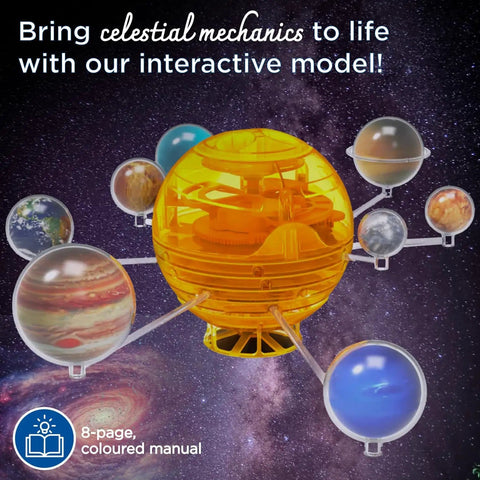 Orbiting Solar System STEM Kit With Windup Motor No Batteries Needed Rotating Planets against a galaxy background close-up