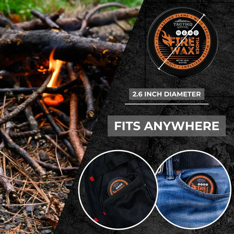 Waterproof Tinder Fire Wax For Wet Wood And Emergency Kits 60g Tin, shown in backpack, pocket, and lighting fire.