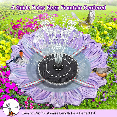 Solar Fountain Kit For Bird Bath And Garden Pond With 3.5W Panel, 2000mAh Battery in flower-shaped bird bath with birds flying